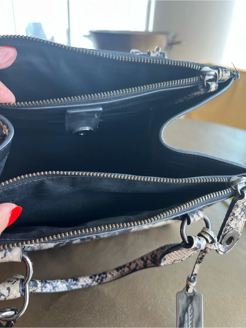 Coach Snake-Print Leather Satchel in Black and Cream